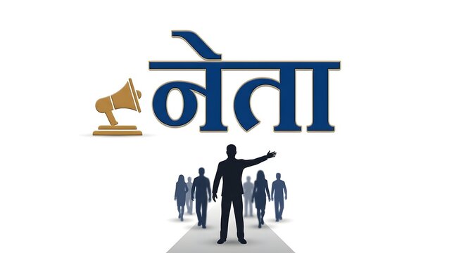 Leader hindi word neta with speaker icon and group of people silhouettes for political ads.