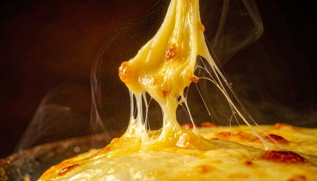 Close up of delicious hot melted cheese stretching from a freshly baked savory meal