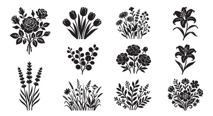 Fototapeta premium Set of black hand drawn floral sketches and nature botanical elements with botanical, lavender
