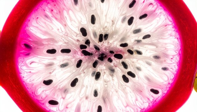 Fresh Vibrant Pitaya Tropical Dragon Fruit Slice Showing Intricate Seeds and Fibrous Texture
