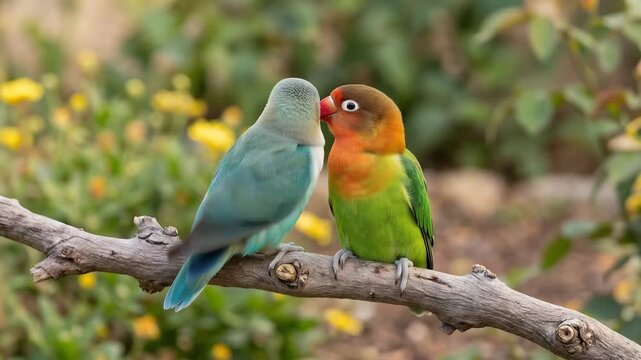 Two lovebirds perched on a wooden branch showing affection 4k video