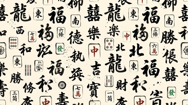 Seamless pattern featuring an intricate blend of traditional Chinese characters and classic mahjong game symbols, perfect for cultural backgrounds and decorative designs