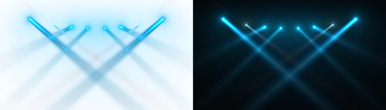 Spotlight beams blue lighting shining on concert stage on transparent background. VFX design, theatre stage poster, party, music event.