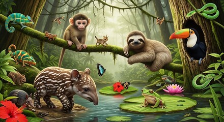 Obraz premium Diverse tropical rainforest wildlife in a lush jungle habitat with rainforest