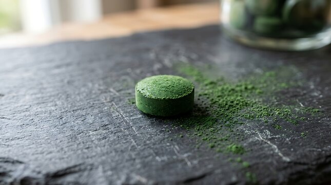 Green spirulina tablet with powder dusting on a natural textured slate stone surface