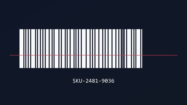 Barcode scanner animation with red laser line and sku number for retail and inventory management systems 4k