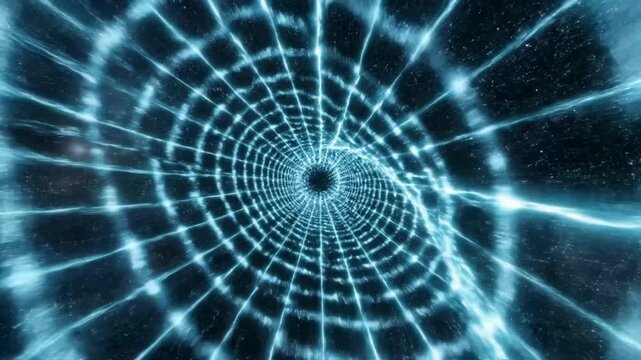 Glowing blue digital vortex tunnel suggesting hyperspace travel and data flow.