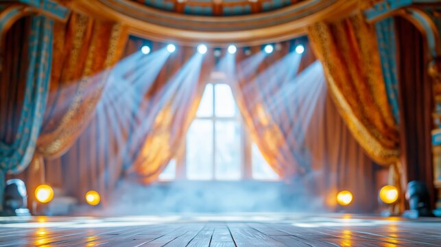 Elegant empty theater stage with colorful spotlights, dramatic curtains, haze, and wooden floor, ideal as a performance or entertainment background.