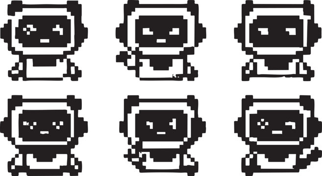 Pixelated robot character set featuring diverse expressions for retro video game design and digital interface user avatar graphic assets