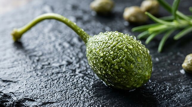 Fresh green caper berry with water droplets on a dark textured slate surface