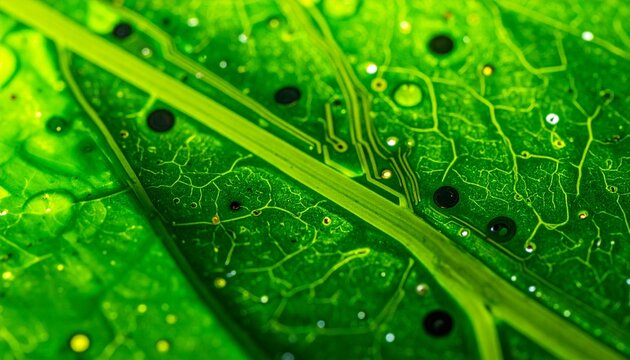 Macro concept combining the intricate veins of a vibrant green leaf with electronic circuits