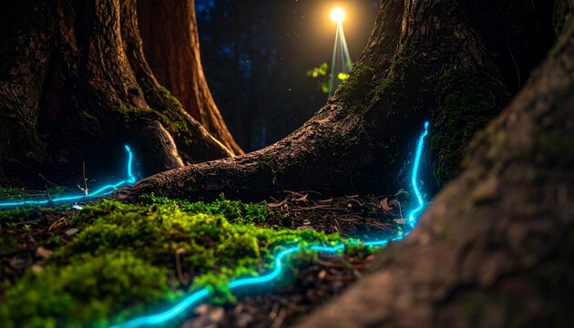 Ethereal Blue Luminescent Energy Flowing Through a Dark Enchanted Forest with Ancient Roots