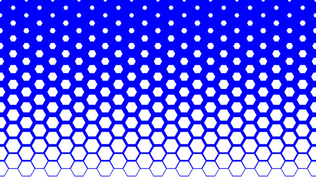 Vector bright blue hexagon halftone gradient pattern isolated on white background. Abstract geometric tech backdrop with transition of honeycomb shapes from small to big. Optical fade digital texture.