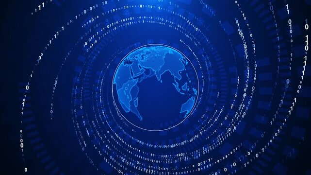 Blue digital globe binary circular code rings, world map center, deep technology tunnel. global data cyber security intros, internet visuals, software promos, futuristic motion graphics, dashboards.