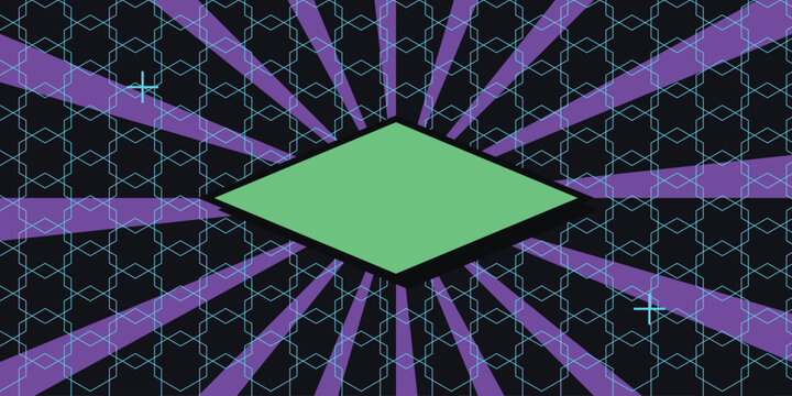 Green rhombus frame with purple light rays and geometric dark pattern vector background