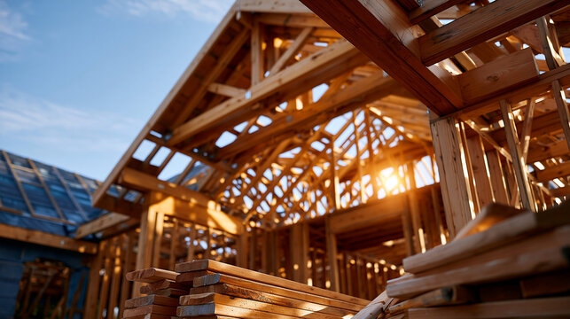 Bright construction site of a house with exposed timber roof framing against a clear blue sky structural carpentry concept home building wooden frame roof structure