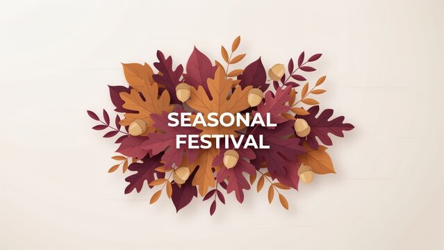 Seasonal festival text surrounded by 3 d paper cut autumn leaves and acorns