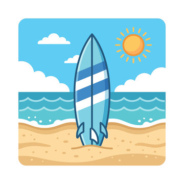 Surfboard standing on sunny tropical beach shore.