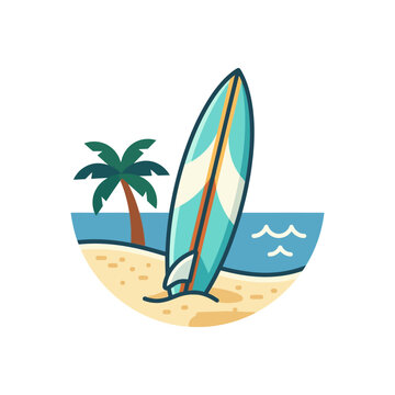 Surfboard on beach with palm tree icon.