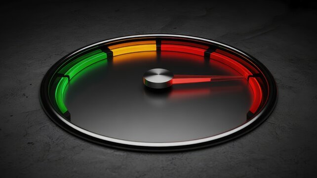 Modern circular speedometer gauge with glowing color coded needle with set against dark reflective background metallic silhouette effect sleek futuristic speedometer warning sign