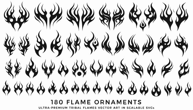 Collection of black flame ornaments in vector style arranged in a grid with a white background silhouette flames fire ornament art graphic