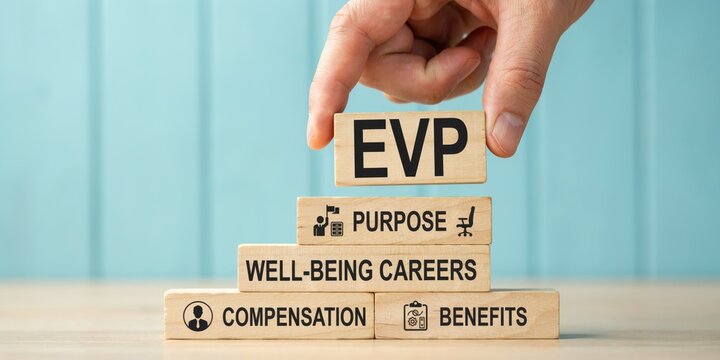 Hand placing a wooden block labeled evp on a stack of business concept blocks