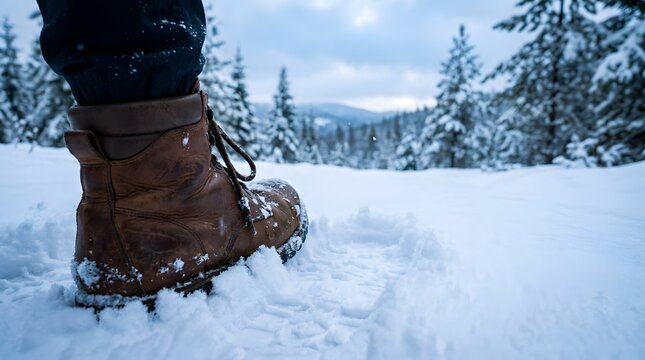 Winter hiking adventure a close up of a boot stepping into deep snow in a forest landscape