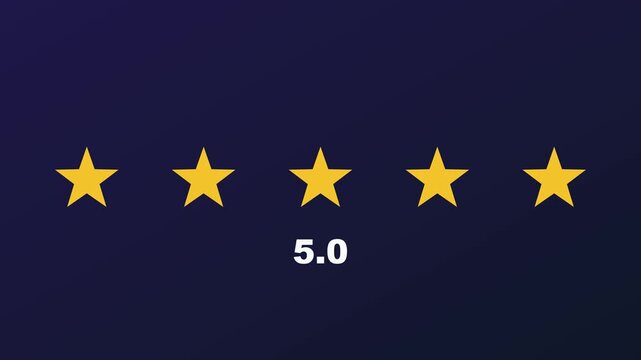 Five star rating animation with 5.0 score display for customer feedback and review systems 4k