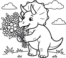 Charming triceratops dinosaur holding flowers in a whimsical black and white illustration © Mohammad Abdul Aziz