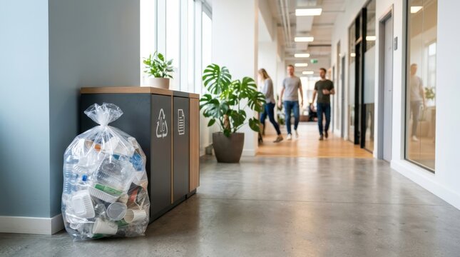 Overflowing recycling bin in modern office hallway