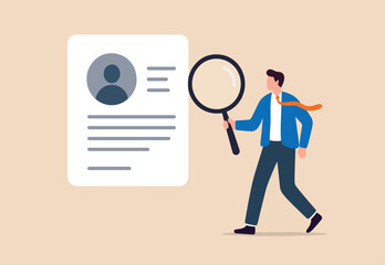 Candidate resume review by HR human resources hiring manager, employment or searching for talent and new staff concept, smart businessman hiring manager using magnifying glass tor review resume © Parul