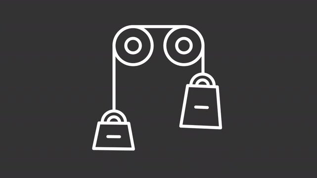 Animated pulley experiment white line icon. Physics lesson animation. Gravitation, force and mechanical energy learning. Academic subject. Isolated element on dark background. Alpha transparent video