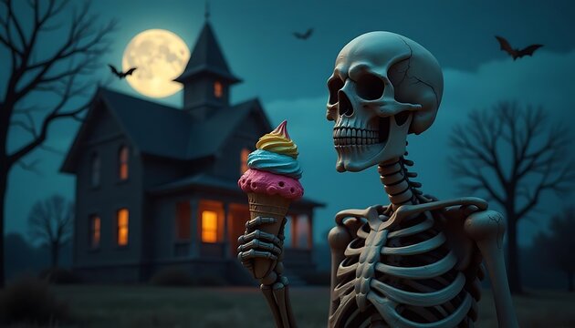 A skeletal figure with a grinning skull face holding a colorful ice cream cone in front of a haunted house with a full moon and bats in the night sky, created with generative ai