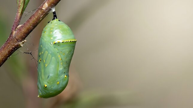 Monarch butterfly chrysalis hanging on a branch in nature