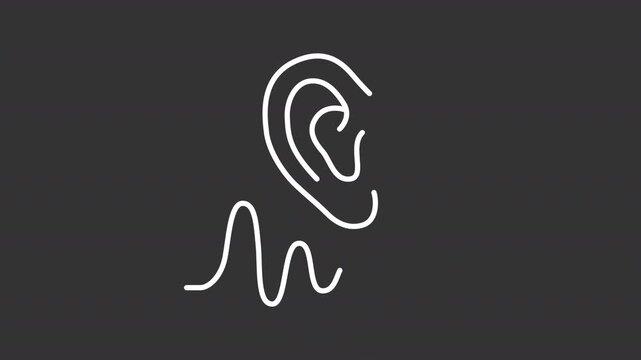 Animated ear and sound wave white line icon. Acoustics animation. Branch of continuum mechanics. Study of mechanical waves. Isolated element on dark background. Alpha transparent video