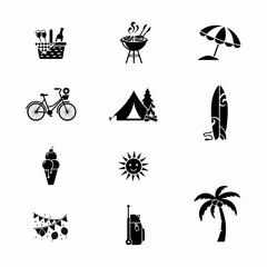 Fototapeta premium Black and white vector icons representing summer activities travel holidays beach camping barbecue picnic surfing with background with displays collection black