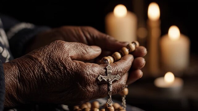 Old hands holding a rosary. Senior person praying with beads by candlelight.