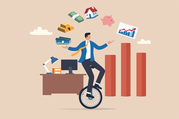 Financial advisor investment expertise concept smart businessman investor juggling finance asset, real estate, currency, saving Big pillars and stock market graph riding unicycle one wheel © Parul
