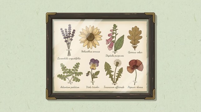 Framed botanical collection of various flowers including lavender sunflower and poppy with scientific names written underneath on vintage paper background displayed in dark wooden frame decor.