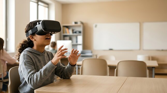 Young student using virtual reality headset in modern classroom
