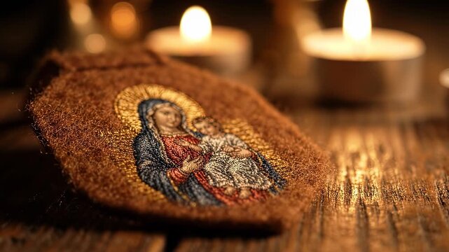 Traditional brown scapular close-up. Religious devotional item for Catholic prayer.
