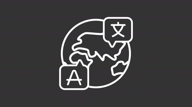 Animated international communication white line icon. Language learning animation. Professional translation. Academic subject. Isolated element on dark background. Alpha transparent video