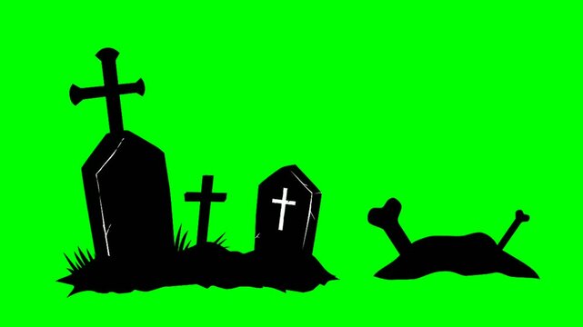 Spooky halloween graveyard silhouette with zombie hand on green screen