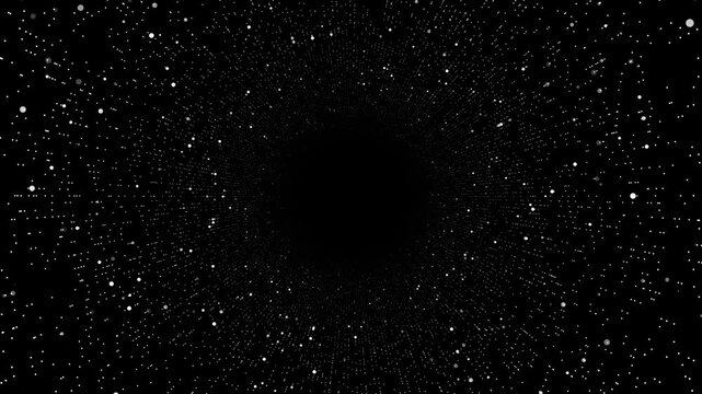 Black white particle tunnel dotted star field, central void, radial depth, monochrome digital motion. space travel , sci fi intros, data tunnels, vortex scenes, abstract motion overlays, title reveals