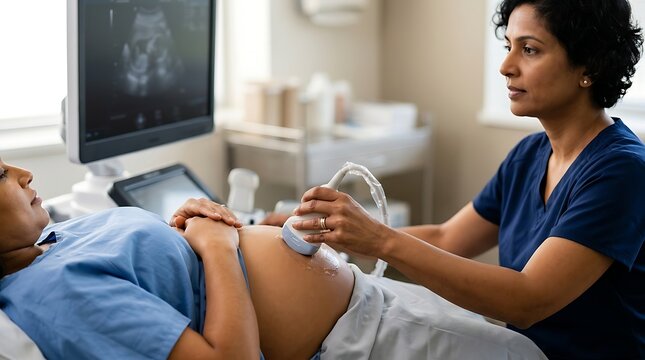 Professional sonographer performing prenatal ultrasound scan on patient