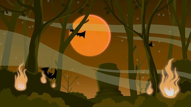 Halloween night forest background with glowing moon bat and fire flames