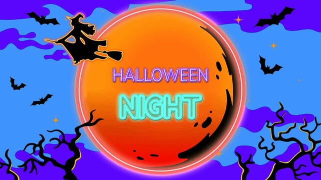 Halloween night neon text, with flying witch on glowing orange moon.