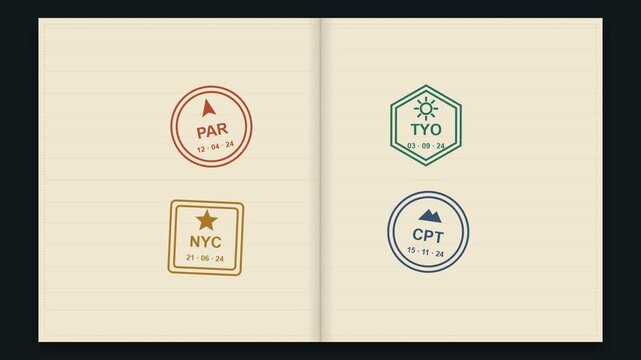 Travel passport stamps set with paris, tokyo and new york city markers