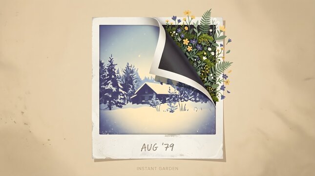 Nostalgic instant photograph from august 1979 revealing winter cabin scene transforming into vibrant summer garden through a curled corner of paper.
