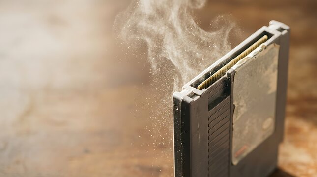 Blowing dust off a vintage video game cartridge